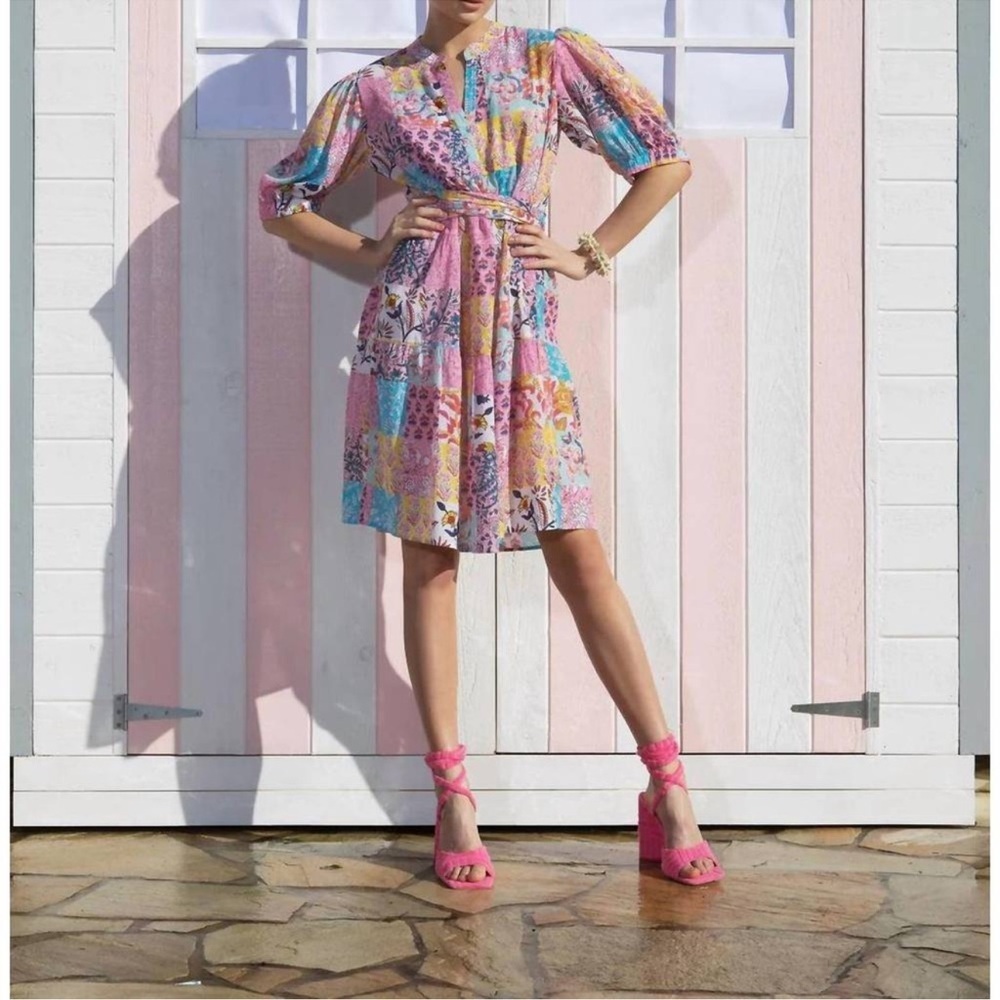 Lola Australia Marilyn Cotton Midi Dress in Patchwork with waist tie size xsmall